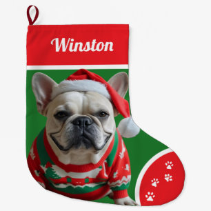 Cute Christmas Bulldog with Sweater Personalized Large Christmas Stocking