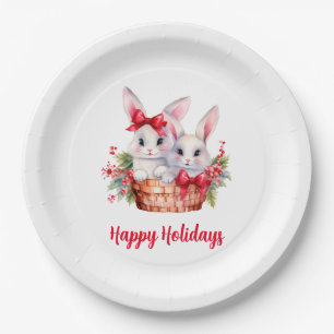 Cute Christmas Bunnies in a Basket Paper Plate
