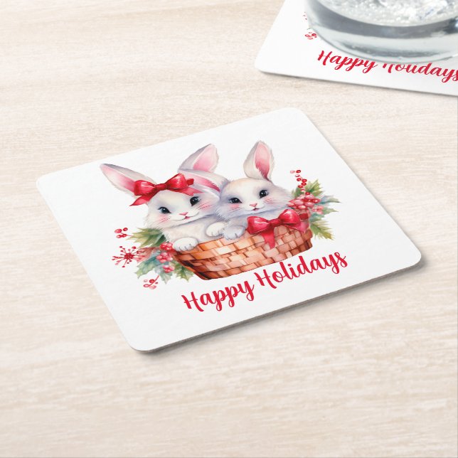 Cute Christmas Bunnies in a Basket Square Paper Coaster (Angled)