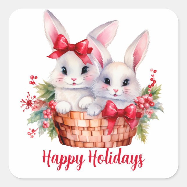 Cute Christmas Bunnies in a Basket Square Sticker (Front)
