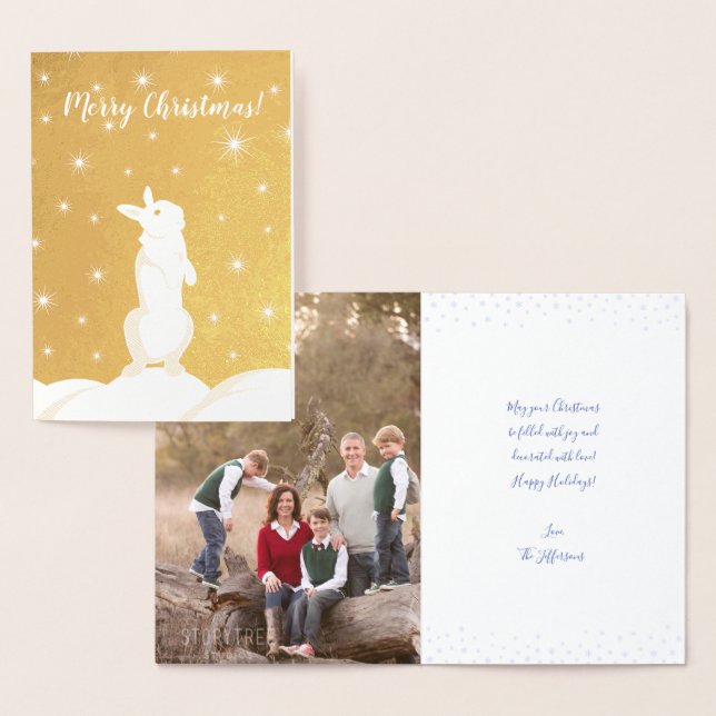 Cute Christmas Bunny Snow Night Starry Sky Photo Foil Card (Display)