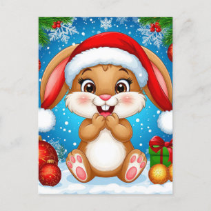 Cute Christmas Bunny Wearing Santa Hat Holiday Postcard