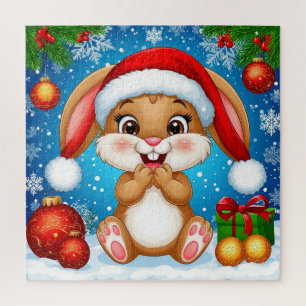 Cute Christmas Bunny Wearing Santa Hat Jigsaw Puzzle