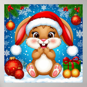 Cute Christmas Bunny Wearing Santa Hat Poster