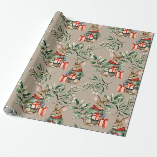 Cute Christmas Bunny Wrapping Paper (Unrolled)