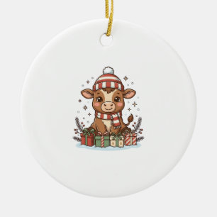 Cute Christmas Calf With Gifts Vintage Vector_1 Ceramic Ornament