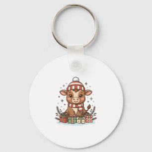 Cute Christmas Calf With Gifts Vintage Vector_1 Keychain