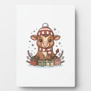 Cute Christmas Calf With Gifts Vintage Vector_1 Plaque
