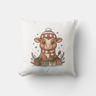 Cute Christmas Calf With Gifts Vintage Vector_1 Throw Pillow