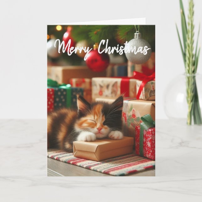 Cute Christmas Calico Kitten Holiday Greeting  Card (Front)