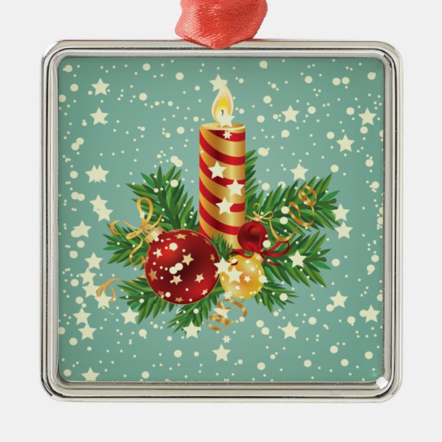 Cute Christmas Candle And Sparkles Metal Ornament (Front)