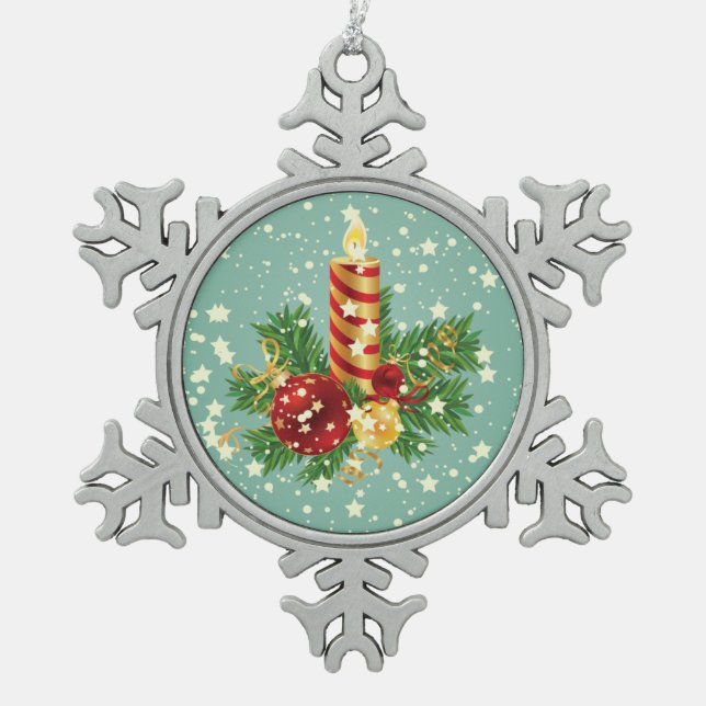 Cute Christmas Candle And Sparkles Snowflake Pewter Christmas Ornament (Front)