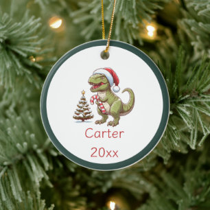 Cute Christmas candy cane dinosaur Ceramic Ornament