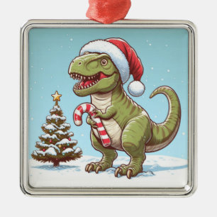 Cute Christmas candy cane dinosaur Metal Ornament