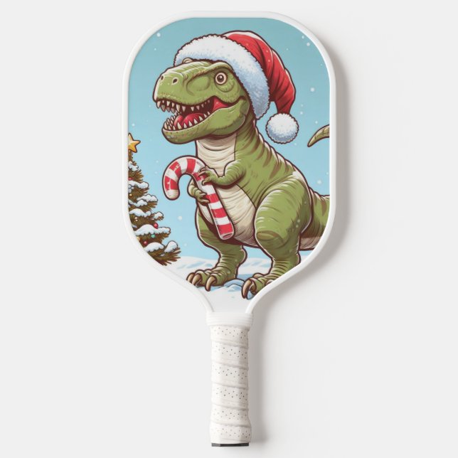 Cute Christmas candy cane dinosaur Pickleball Paddle (Front)