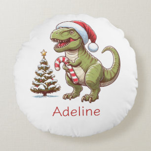 Cute Christmas candy cane dinosaur Round Pillow