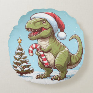 Cute Christmas candy cane dinosaur Round Pillow