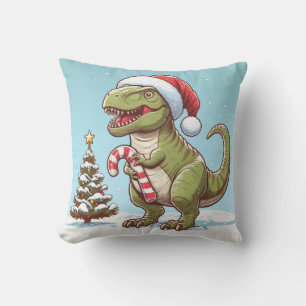Cute Christmas candy cane dinosaur Throw Pillow