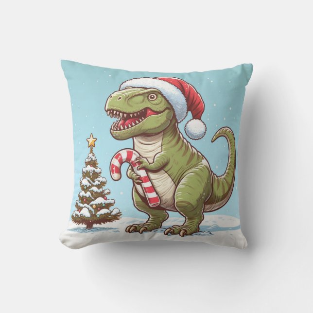Cute Christmas candy cane dinosaur Throw Pillow (Front)