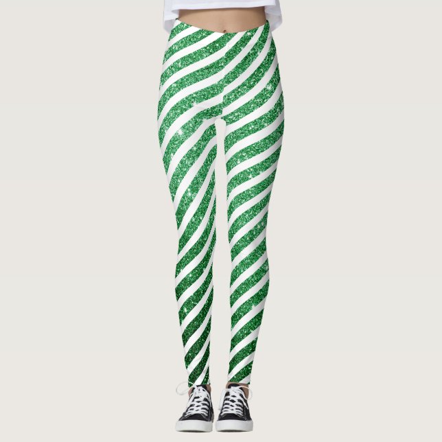 Cute Christmas Candy Cane Glitter Green Stripped Leggings (Front)