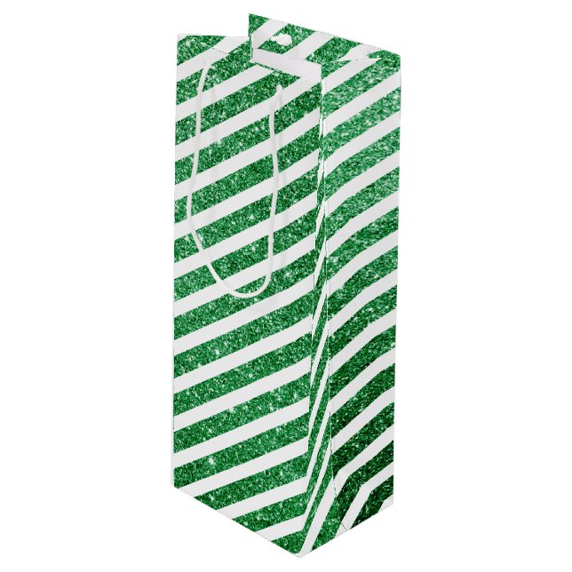 Cute Christmas Candy Cane Glitter Green Stripped Wine Gift Bag (Front Angled)