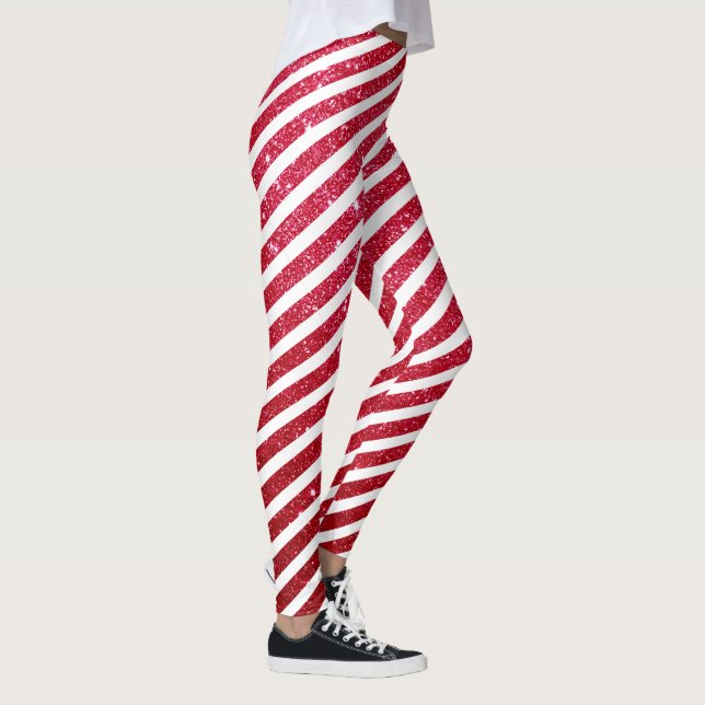 Cute Christmas Candy Cane Glitter Stripped Pattern Leggings (Right)