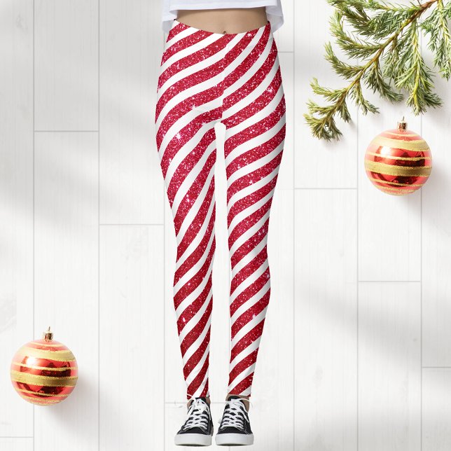 Cute Christmas Candy Cane Glitter Stripped Pattern Leggings (Creator Uploaded)