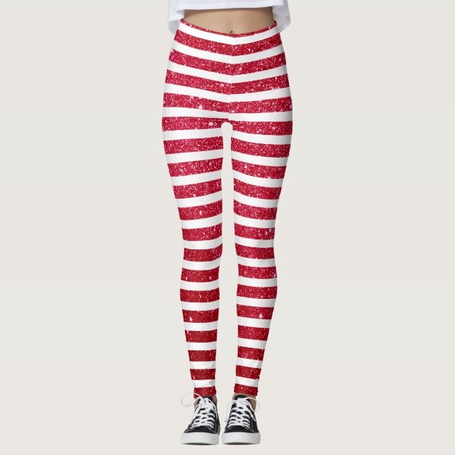 Cute Christmas Candy Cane Glitter Stripped Pattern Leggings (Front)