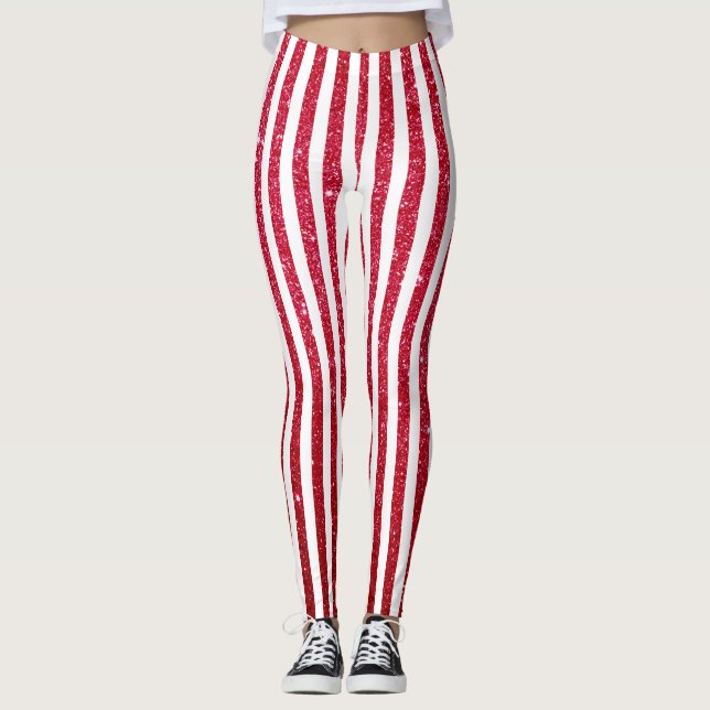 Cute Christmas Candy Cane Glitter Stripped Pattern Leggings (Front)