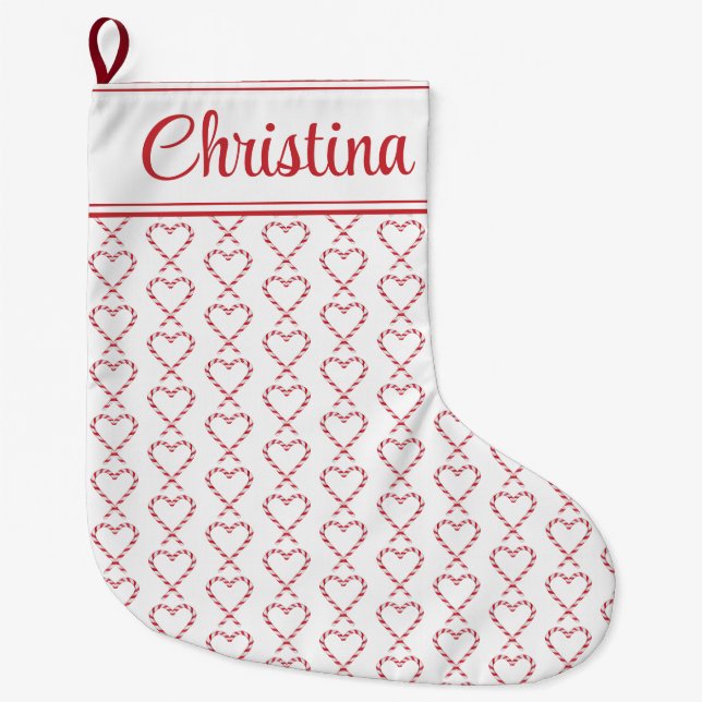 Cute Christmas Candy Cane Hearts Personalized Large Christmas Stocking (Front)