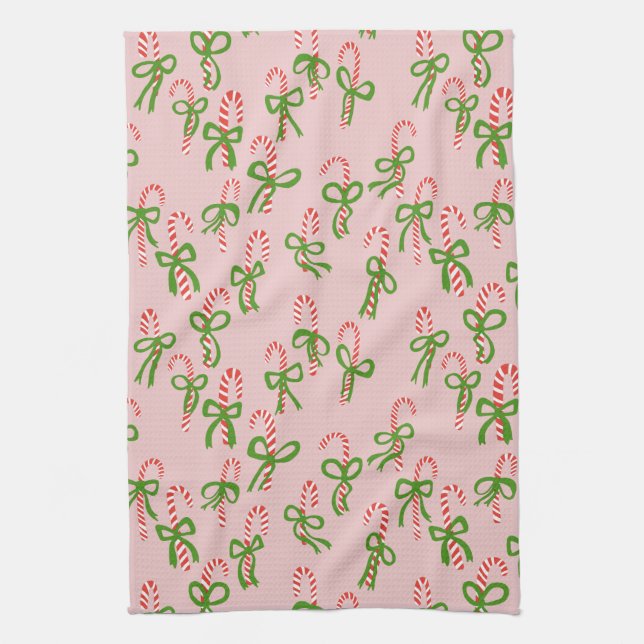 Cute Christmas Candy Canes Xmas Holiday Pink Kitchen Towel (Vertical)