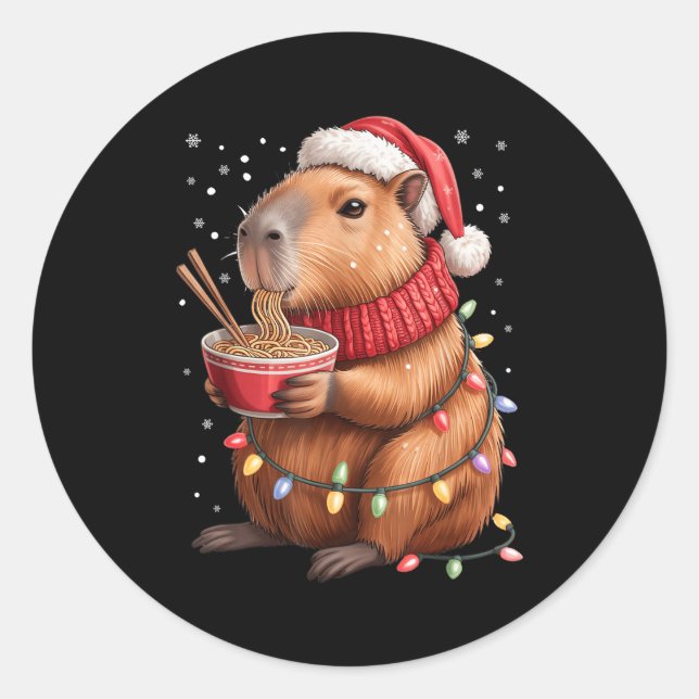 Cute Christmas Capybara With Ramen Bowl Holiday Te Classic Round Sticker (Front)
