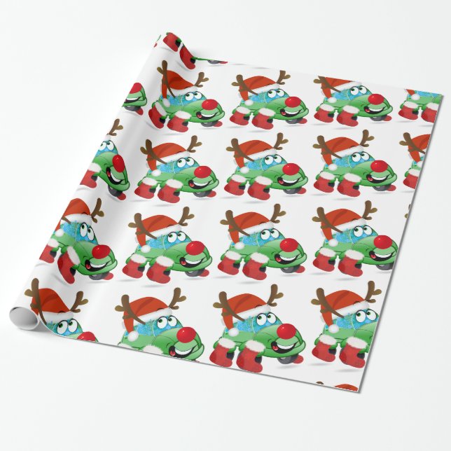 Cute Christmas Car Cartoon Wrapping Paper (Unrolled)