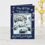 Cute Christmas Card w/Snow, Basset, & Snowman<br><div class="desc">Beautiful & Cute Christmas Card w/Snow,  Basset Hound,  & Snowman</div>