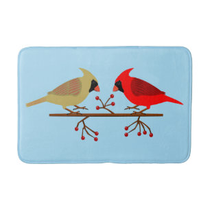 Cute Christmas Cardinals and Red Berries Bath Mat