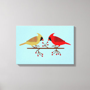 Cute Christmas Cardinals and Red Berries Canvas Print
