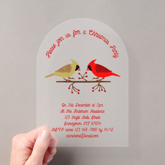 Cute Christmas Cardinals and Red Berries Custom Acrylic Invitations (Insitu (Handheld))