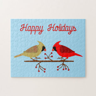 Cute Christmas Cardinals and Red Berries Custom Jigsaw Puzzle