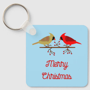 Cute Christmas Cardinals and Red Berries Custom Keychain