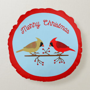 Cute Christmas Cardinals and Red Berries Custom Round Pillow