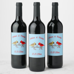 Cute Christmas Cardinals and Red Berries Custom Wine Label