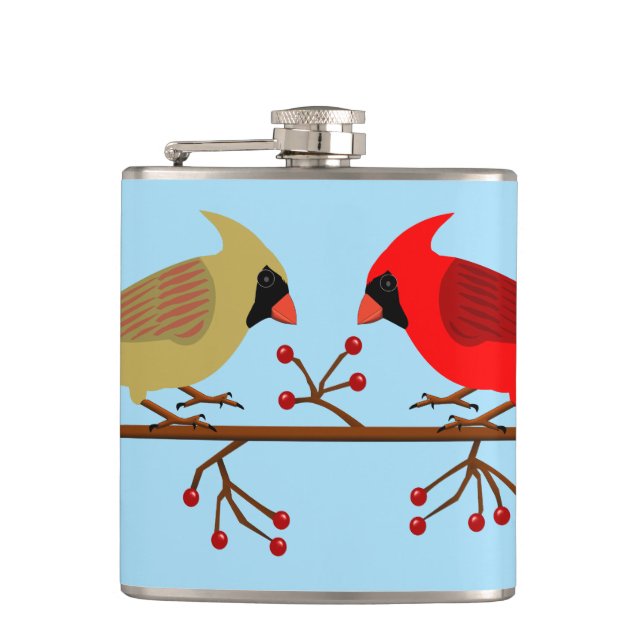Cute Christmas Cardinals and Red Berries Hip Flask (Front)
