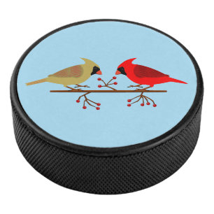 Cute Christmas Cardinals and Red Berries Hockey Puck