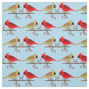 Cute Christmas Cardinals and Red Berries Patterned Fabric