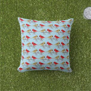 Cute Christmas Cardinals and Red Berries Patterned Outdoor Pillow