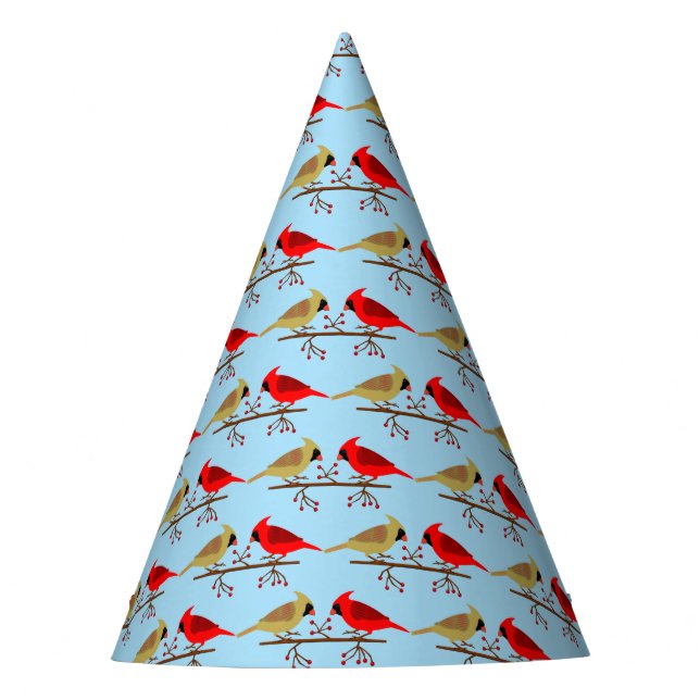 Cute Christmas Cardinals and Red Berries Patterned Party Hat (Front)