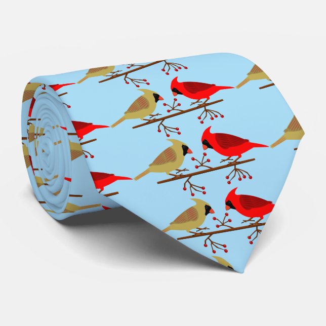 Cute Christmas Cardinals and Red Berries Patterned Tie (Rolled)