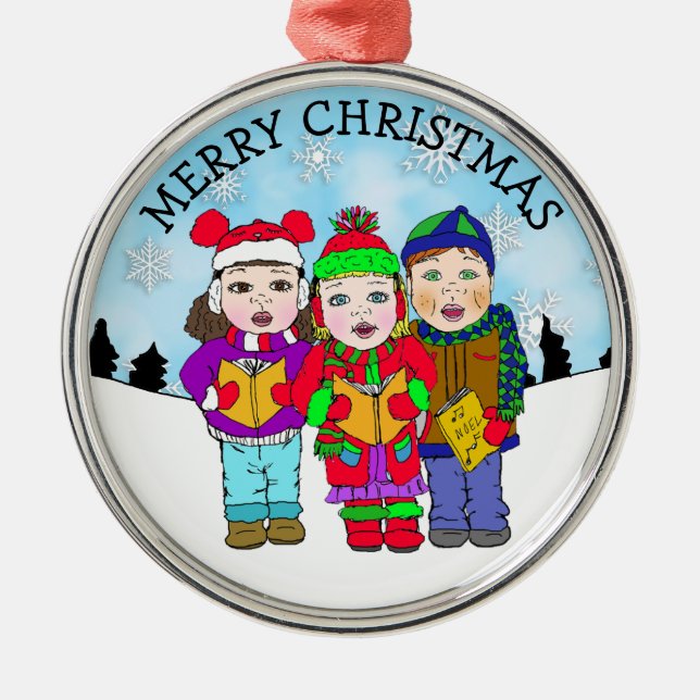 Cute Christmas Carolers Personalized Holiday Metal Ornament (Front)