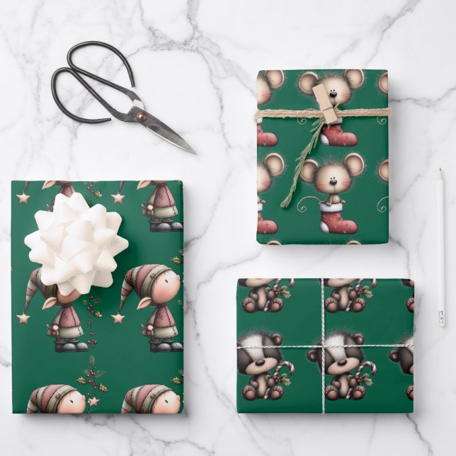 Cute Christmas Cartoon, Animals, Elf, Winter Wrapping Paper Sheet (Front)