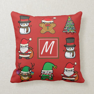 Cute Christmas Cartoon Characters Red Monogram Throw Pillow